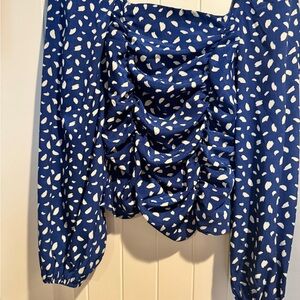 HML Navy and White Patterned Ruched Blouse